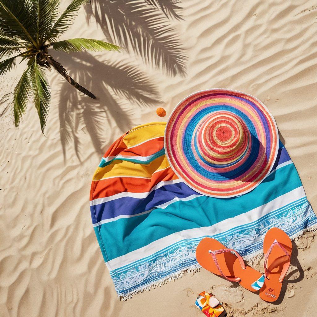 A sunny beach scene showcasing a colorful array of beachwear essentials, including stylish swimwear, vibrant beach towels, sunglasses resting on a sunhat, and flip-flops scattered in the sand. Palm trees sway in the background, with crystal blue waves gently lapping at the shore. Add playful beach accessories like a beach ball and a colorful umbrella to enhance the vacation vibe. super-realistic. bright colors. summer theme.